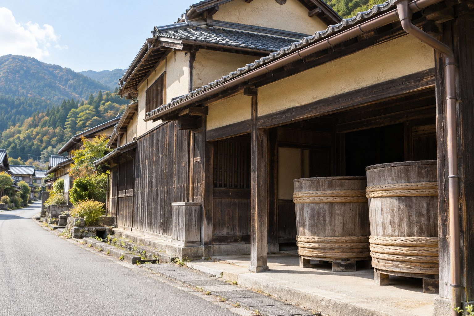 蔵の軒先に置かれた大きな木製の味噌樽（イメージ）