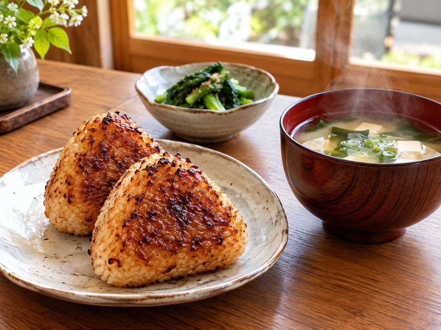 湯気の立つ味噌汁と、味噌を塗って焼いたおにぎりの食卓(イメージ)