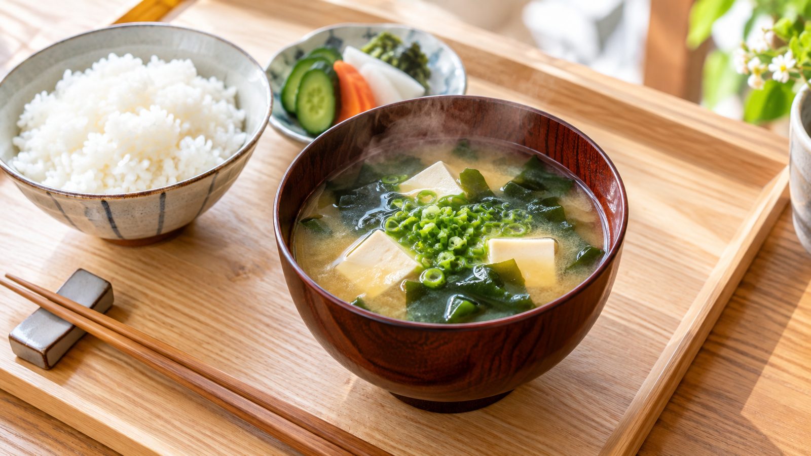 白木のお盆にのせた、湯気の立つ豆腐とわかめの味噌汁と白いご飯（イメージ）